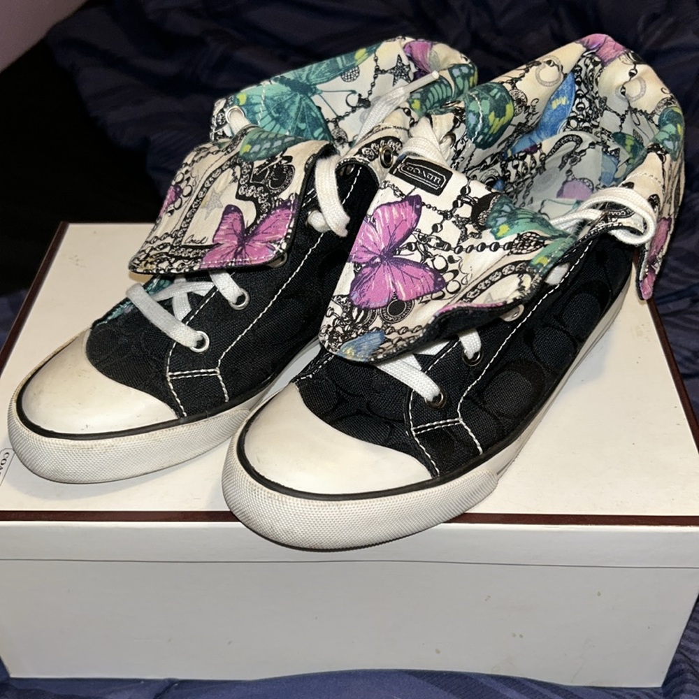 Coach Black and White High-Top Sneakers with Butterfly Lining - Picture 9 of 12
